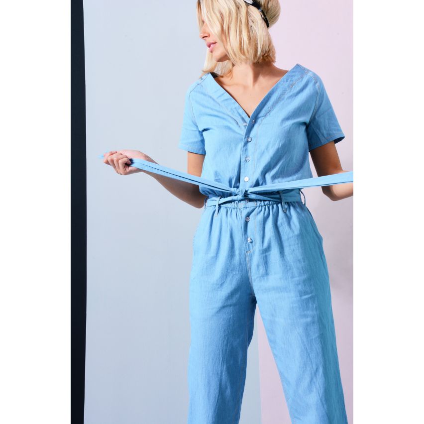 LMS licht Denim Jumpsuit met knop ingedrukt Front en band in de taille