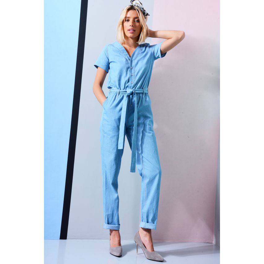 LMS Light Denim Jumpsuit With Button Down Front And Tie Waist