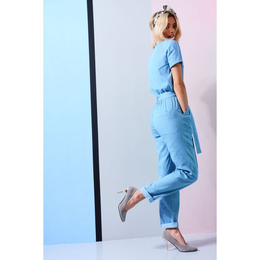 LMS licht Denim Jumpsuit met knop ingedrukt Front en band in de taille