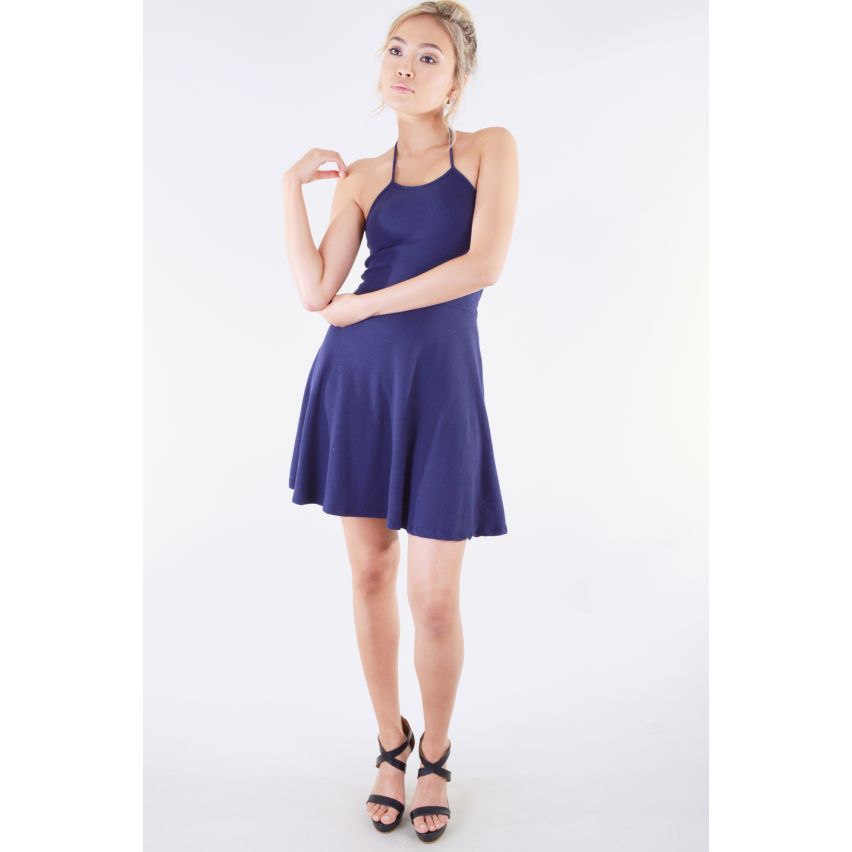 Vestido de cuello halter Skater de Jersey azul marina Lovemystyle