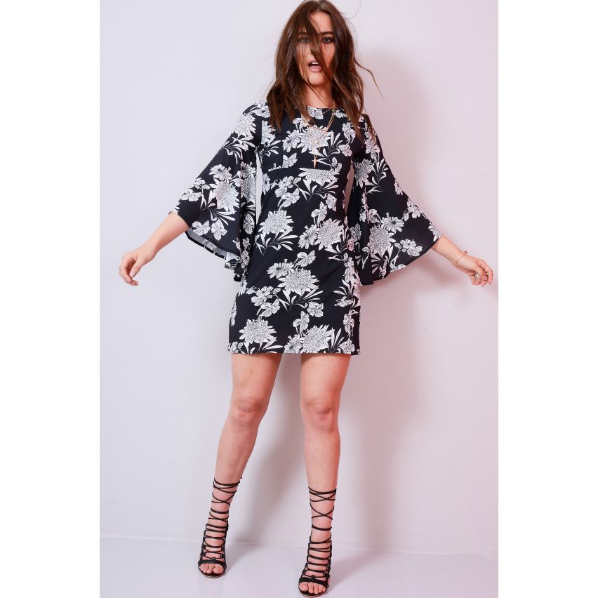 Lovemystyle Black Floral Etuikleid mit Flare Ärmel