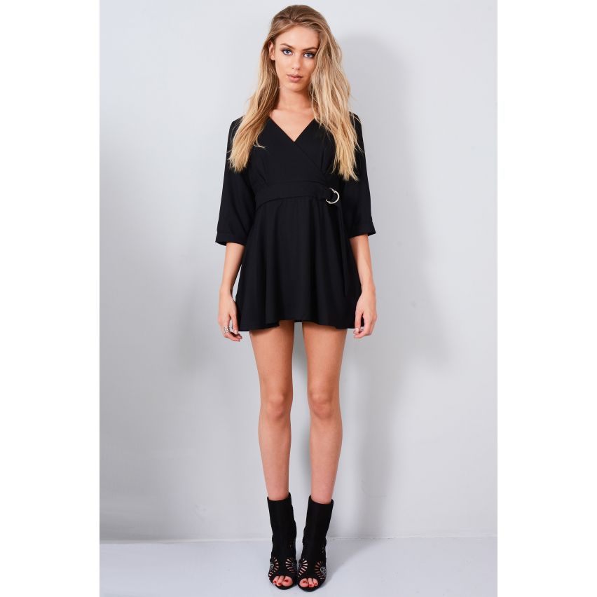 LMS con trampolino a maniche lunghe nero collo Wrap Dress con allacciatura in vita