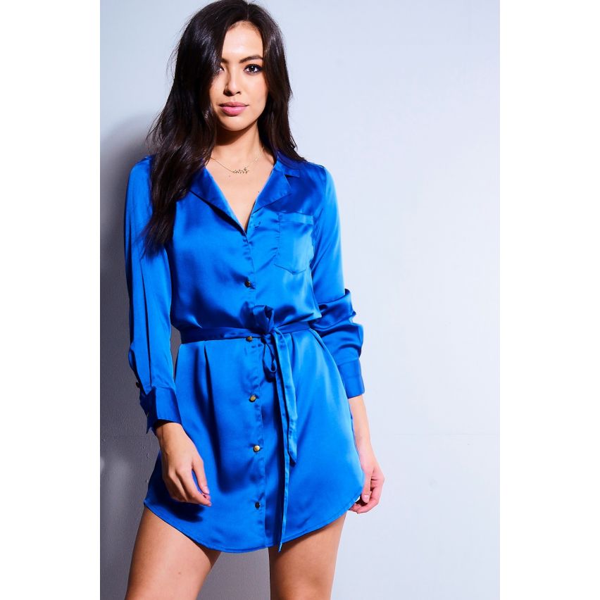 LMS-blau Satin Shirt-Kleid mit langen Ärmeln und Gürtel zum Binden