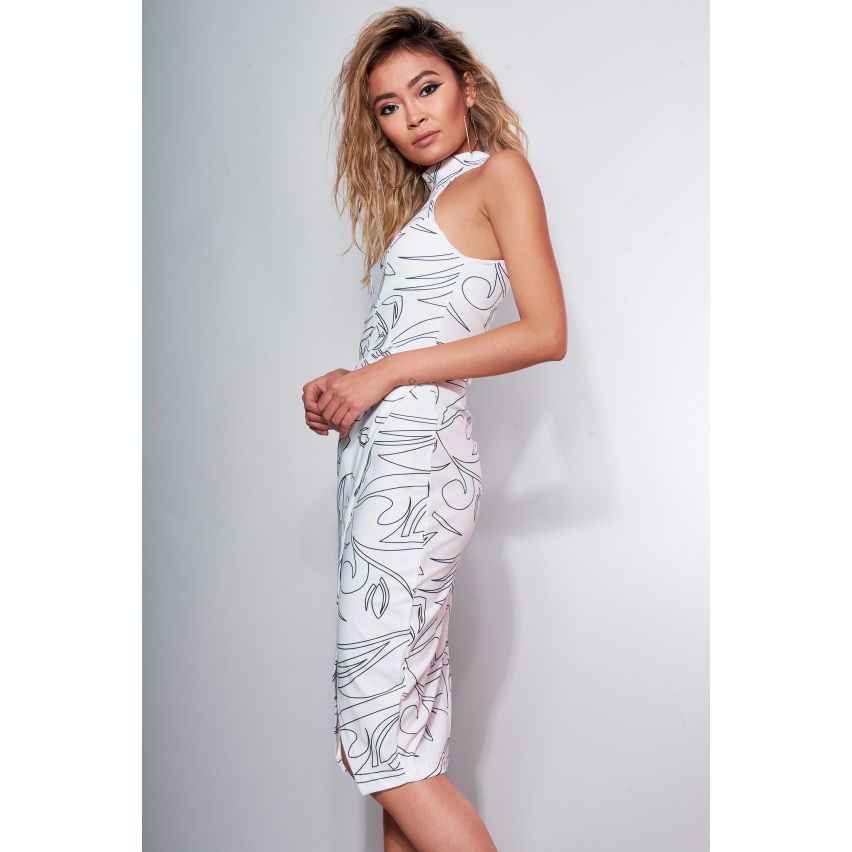 LMS High Neck White Dress With Ruched Waist Detail And Print