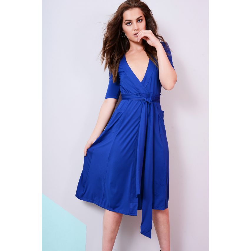 Lovemystyle Royal Blau Maxi-Kleid mit Sprung Hals und Taille Krawatte