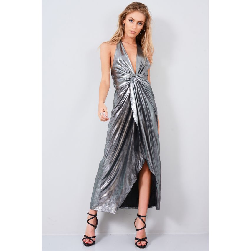 LMS Silver Metallic Halter Neck Maxi Dress With Twisted Knot Front