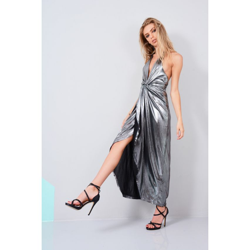 LMS noir métallique Halter cou Maxi robe avec noeud torsadé avant