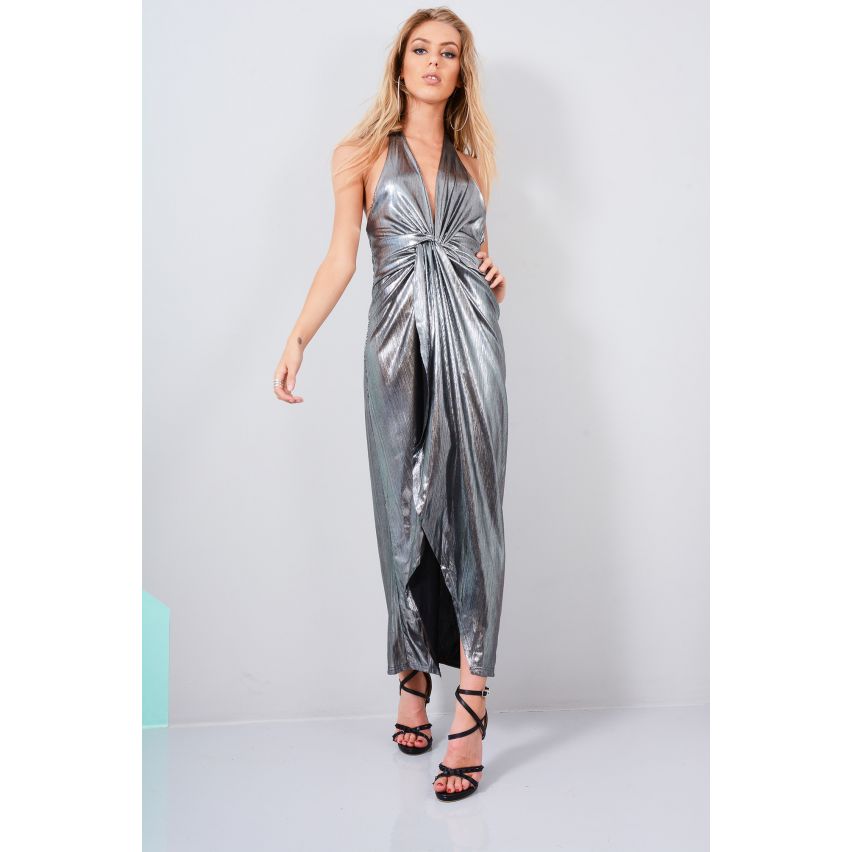 LMS noir métallique Halter cou Maxi robe avec noeud torsadé avant