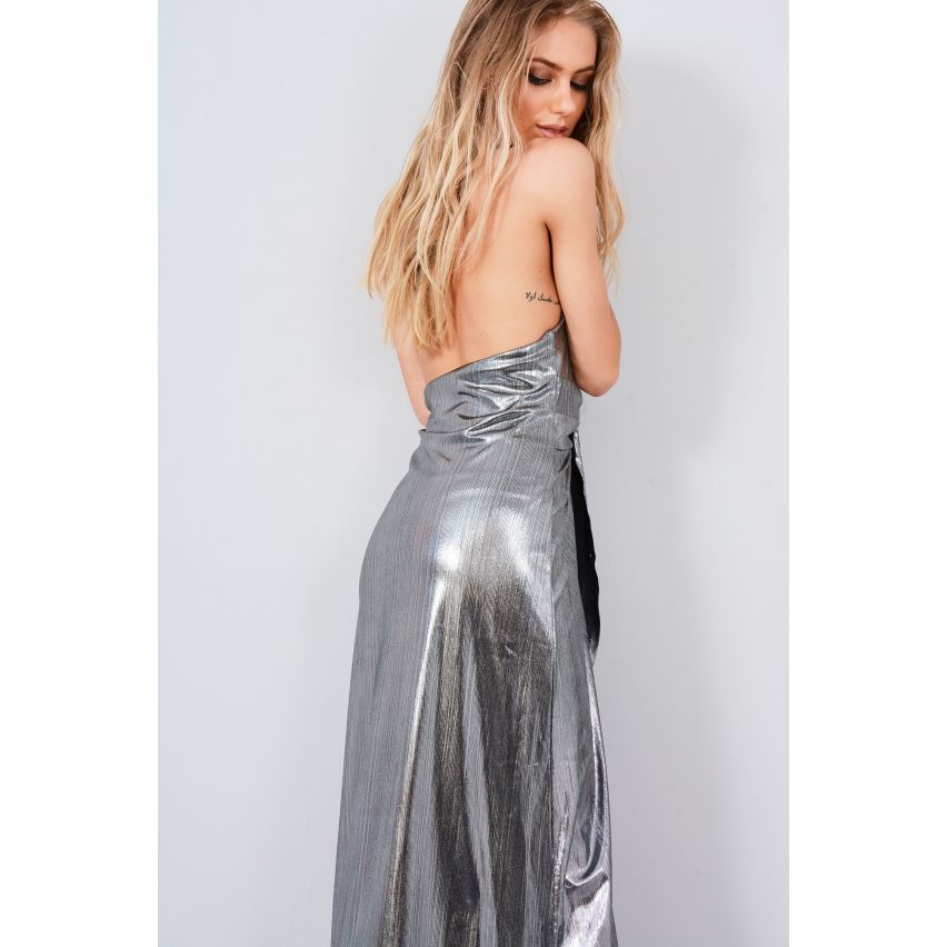 LMS noir métallique Halter cou Maxi robe avec noeud torsadé avant