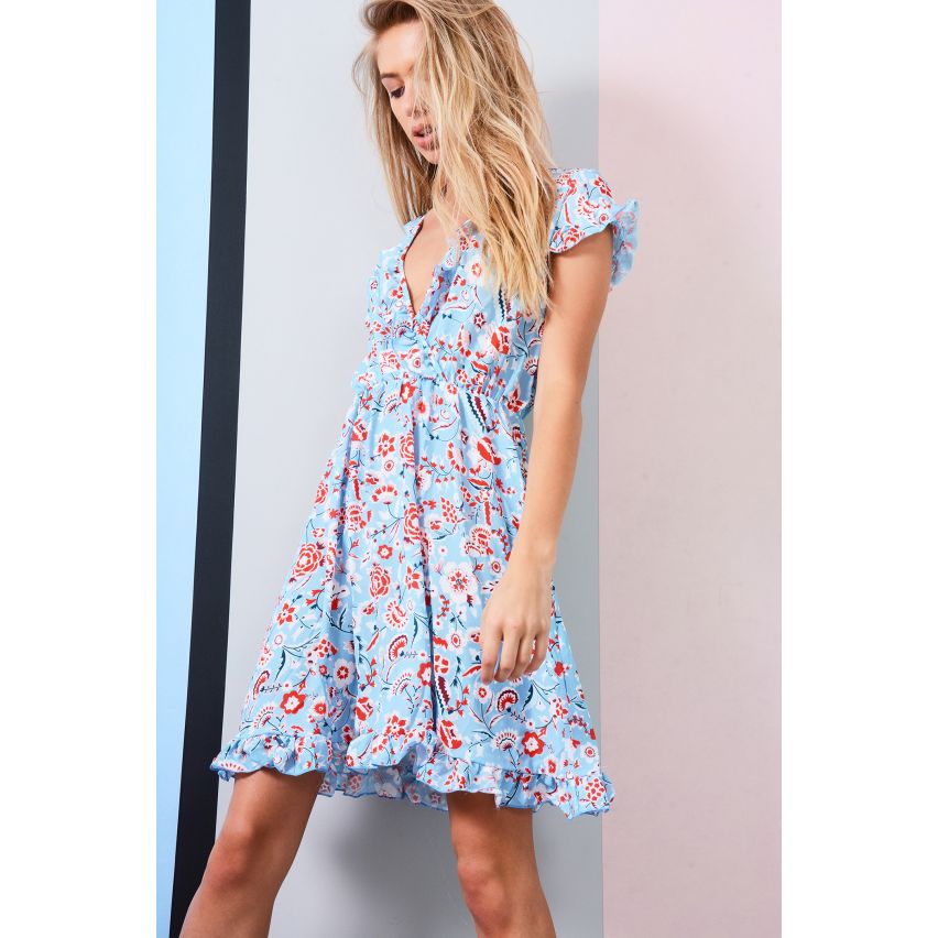 LMS luz azul Floral verano vestido con frunce cintura