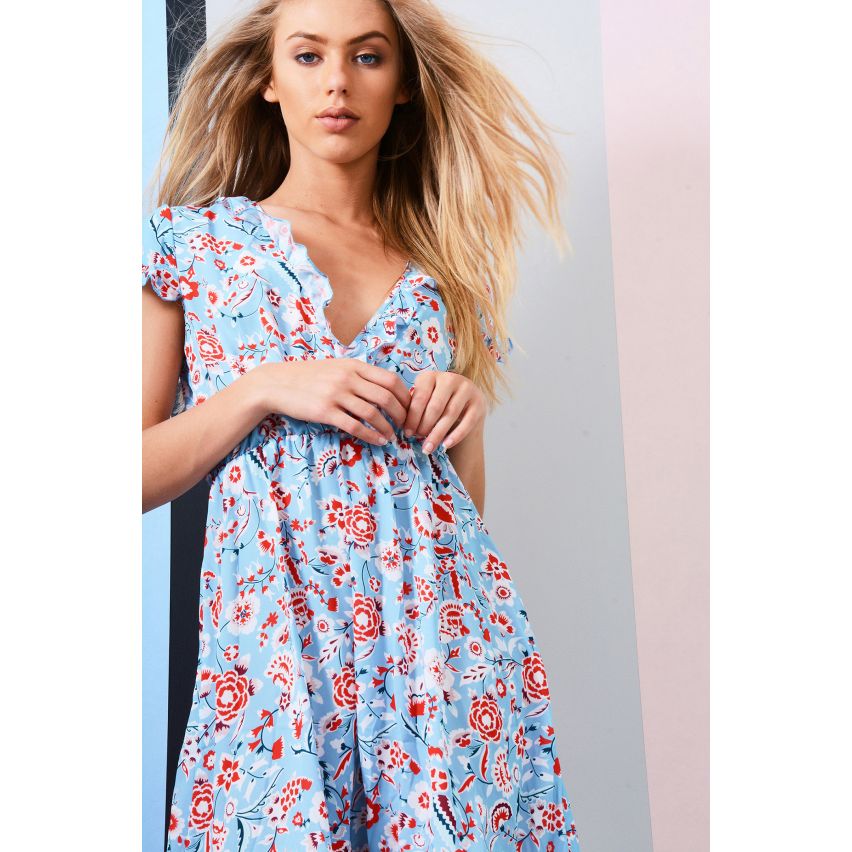 LMS leuchten blau Floral Sommer Wickelkleid mit gerafften Taille