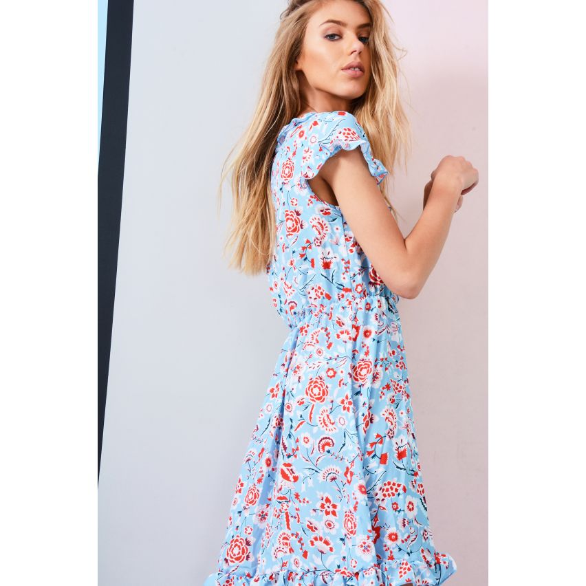 LMS leuchten blau Floral Sommer Wickelkleid mit gerafften Taille
