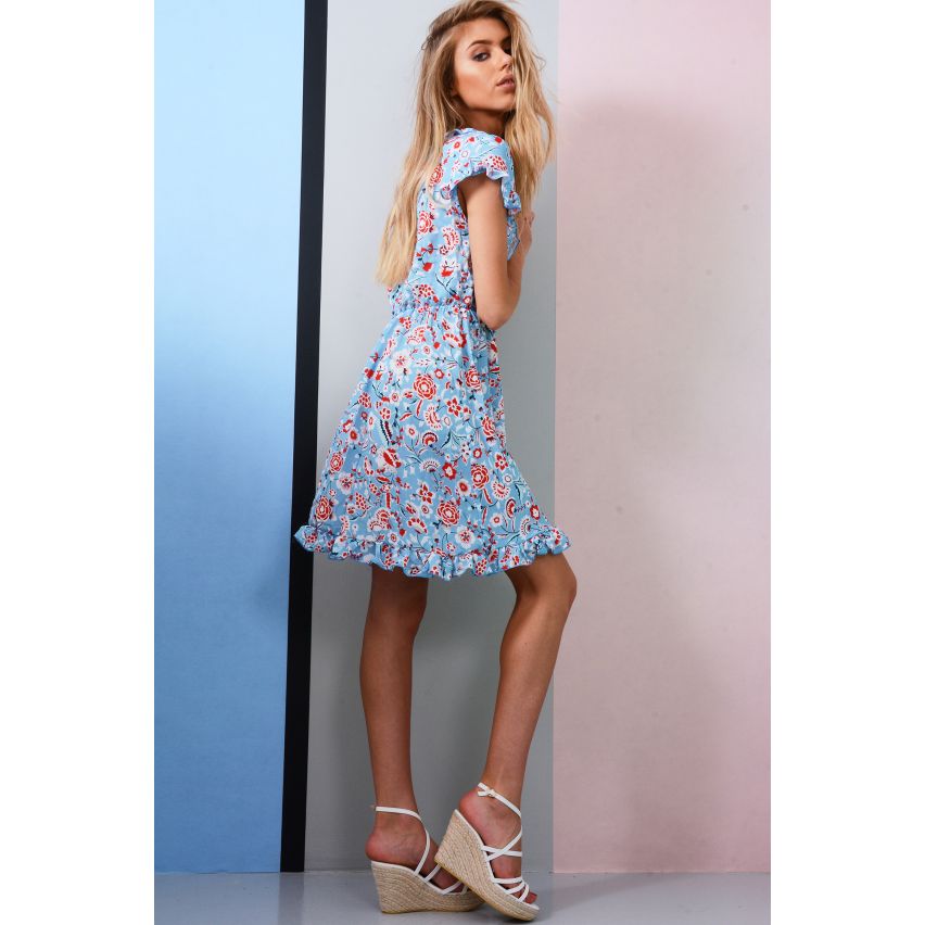 LMS leuchten blau Floral Sommer Wickelkleid mit gerafften Taille