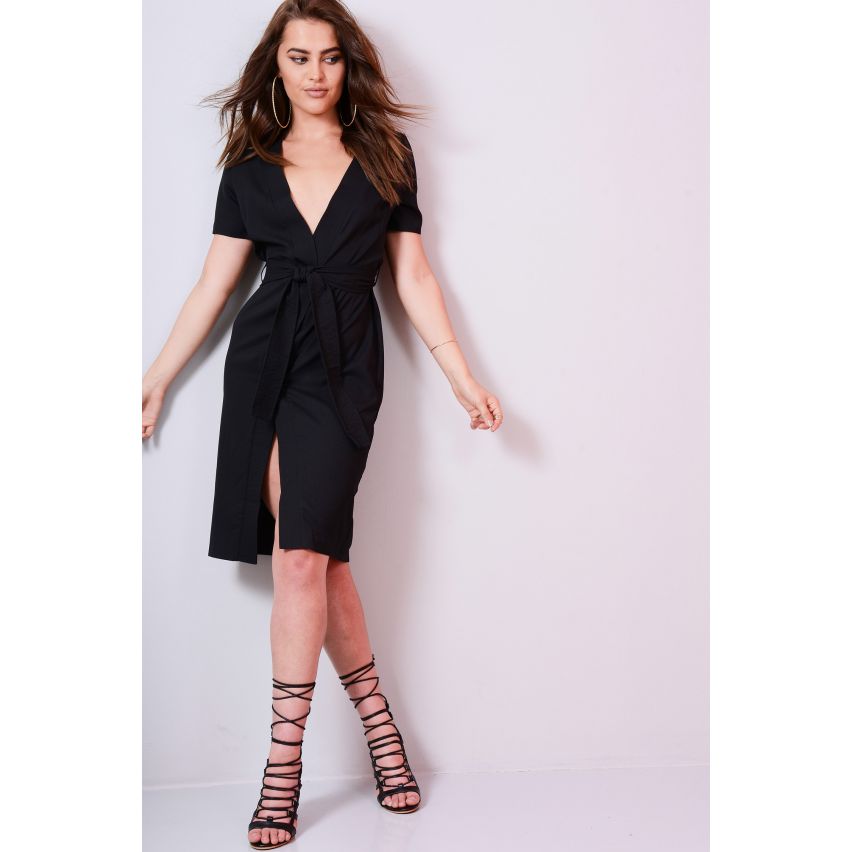Lovemystyle Black MIDI-Wickelkleid mit Krawatte Gürtel
