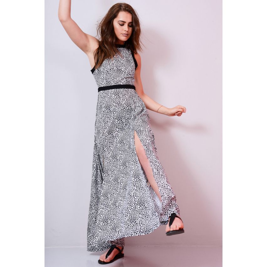 Lovemystyle Grey Animal Print Maxi Dress with Black Waistband 