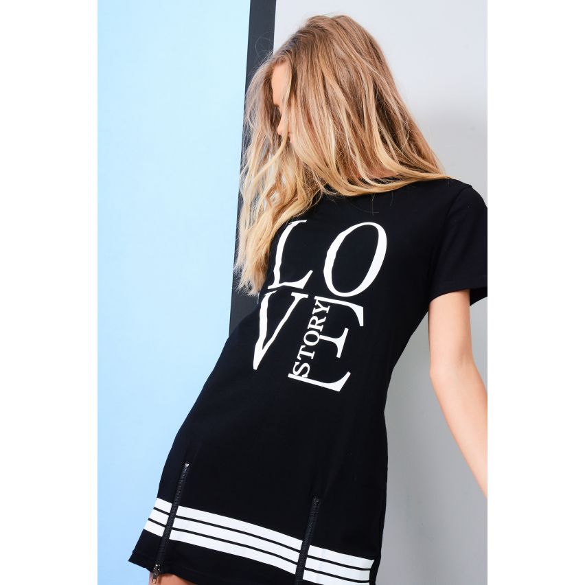 LMS schwarz-weiß Liebe Slogan t-shirt-Kleid mit Bein-Reißverschlüsse