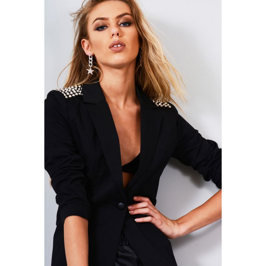 LMS Black Blazer à manches longues avec épaules cloutées argent