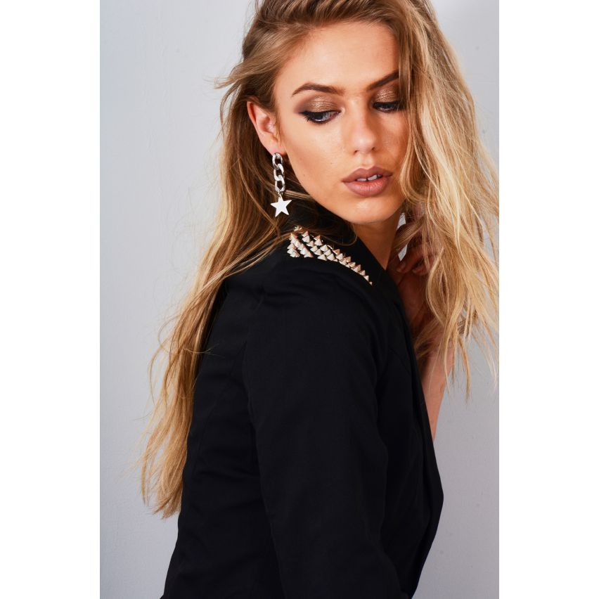 LMS Black Blazer à manches longues avec épaules cloutées argent