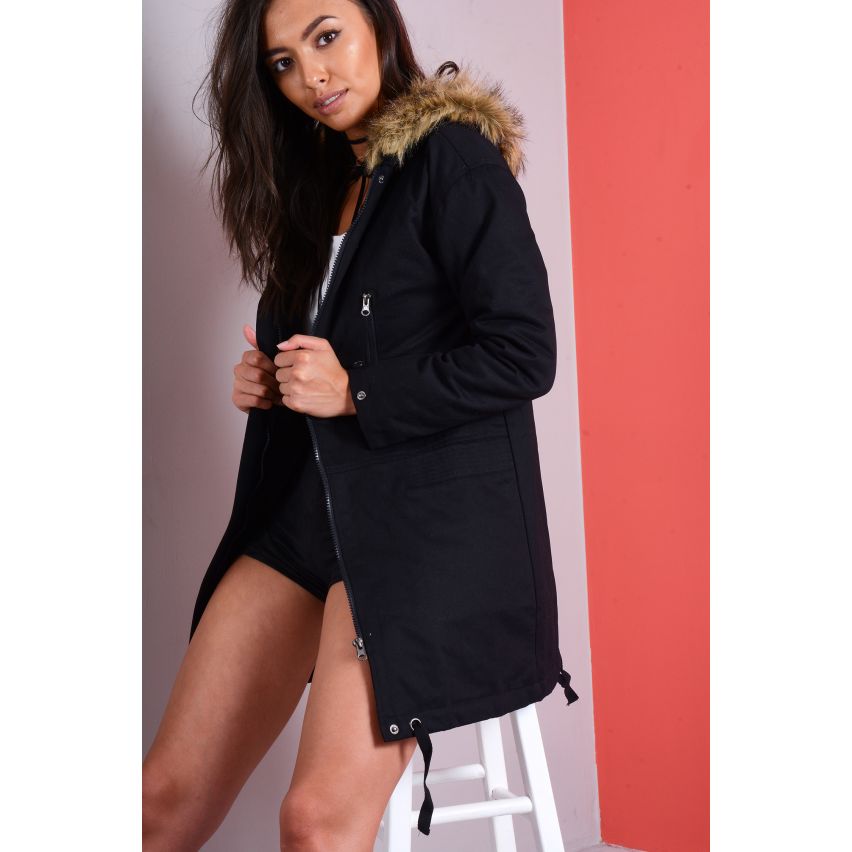 Lovemystyle Black Parka met kap bruin namaakbont