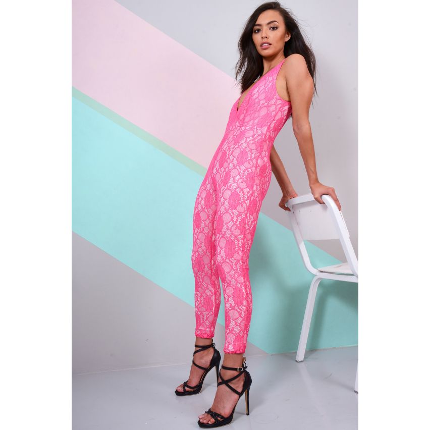 Lovemystyle Pink Fitted Lace Jumpsuit With Deep Plunge Neckline