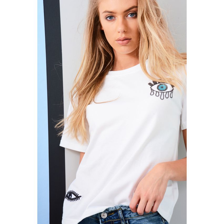 Lovemystyle weißes T-shirt mit Pailletten Augapfel Verzierung