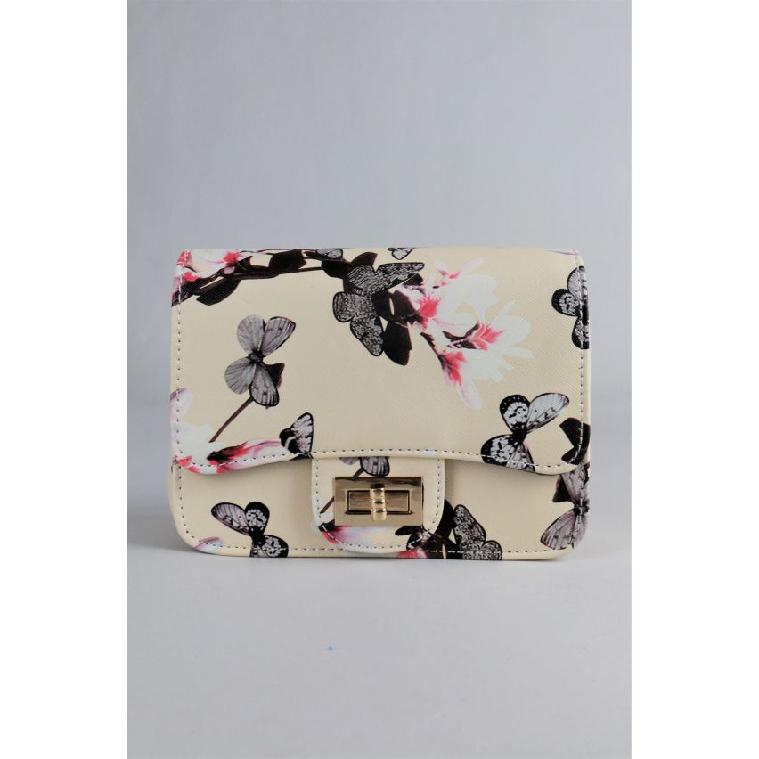 LMS cream Floral, Butterfly Print Side Bag With Gold Chain Strap - SAMPLE