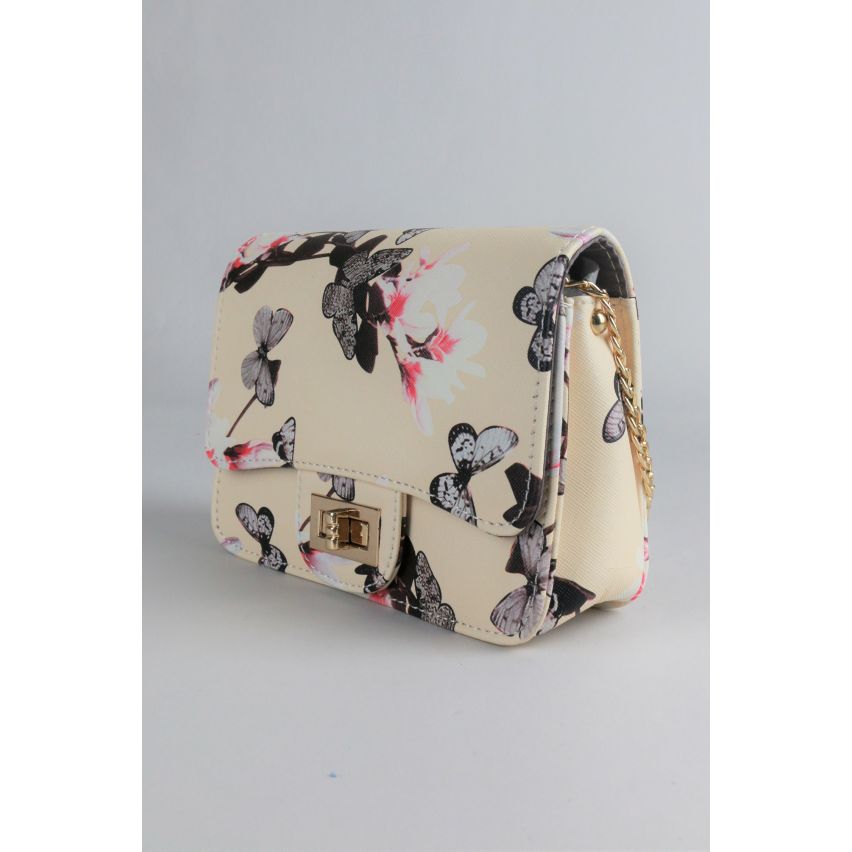 LMS cream Floral, Butterfly Print Side Bag With Gold Chain Strap - SAMPLE