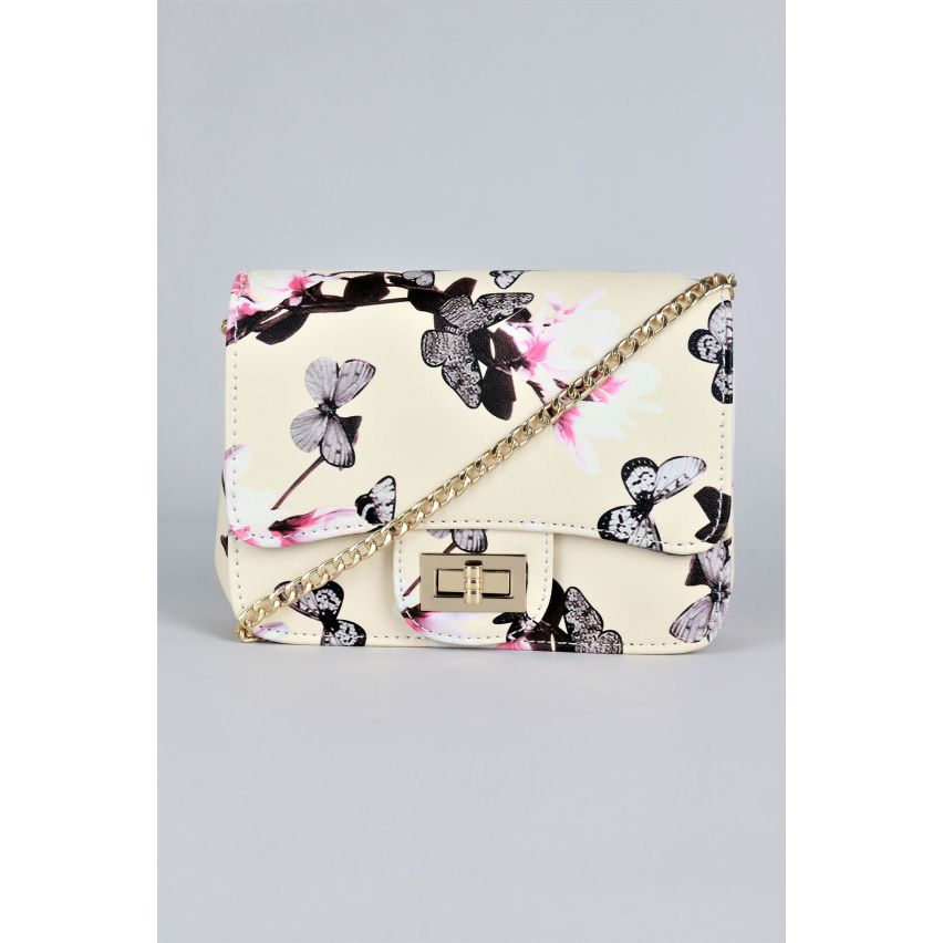 LMS cream Floral, Butterfly Print Side Bag With Gold Chain Strap - SAMPLE