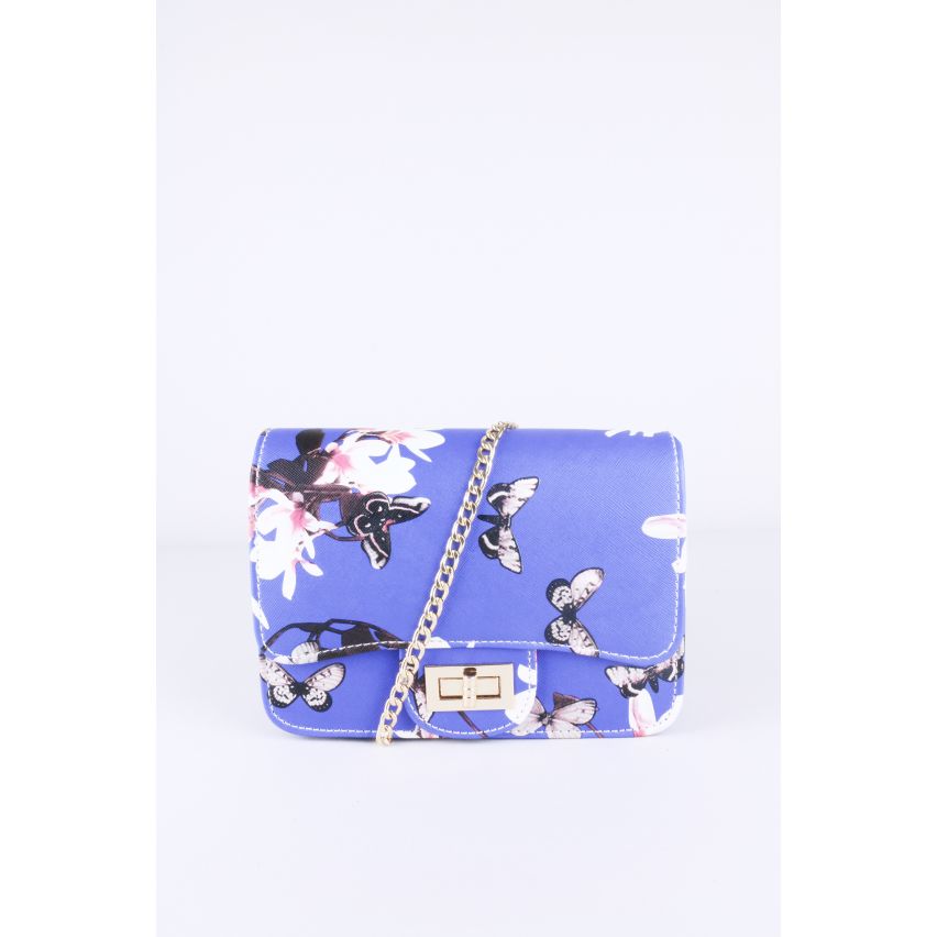 LMS Blue Floral, Butterfly Print Side Bag With Gold Chain Strap