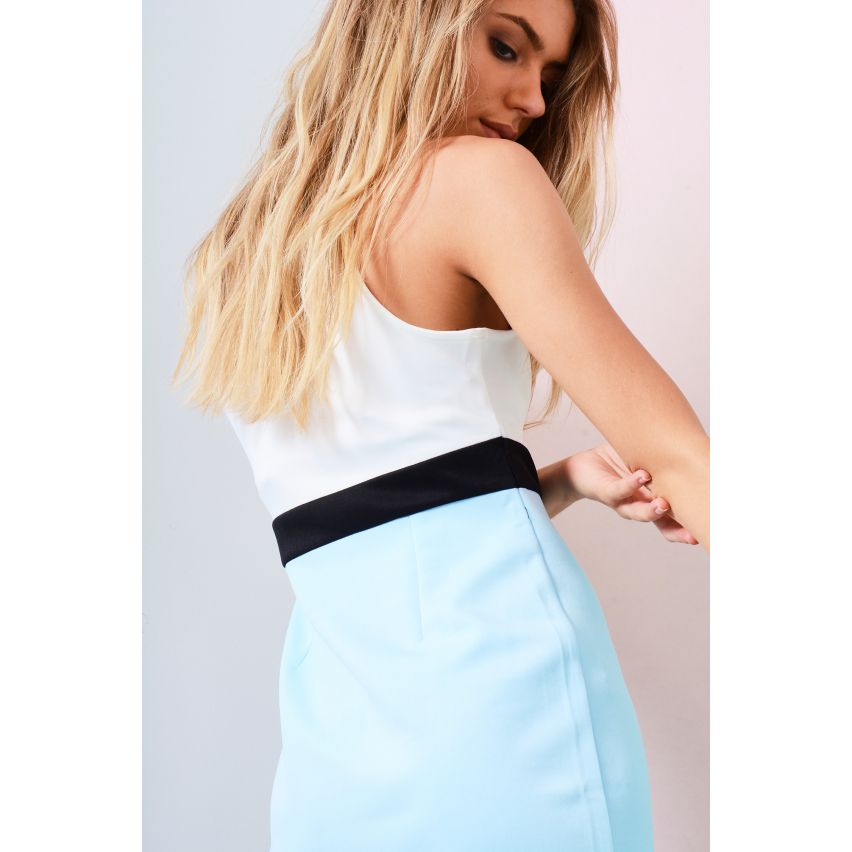 LMS Bodycon jurk In blauw en wit met zwart riem