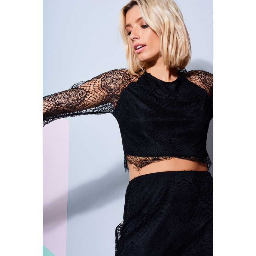 LMS schwarz Spitzenrock mit Langarm Crop Top Co-Ord