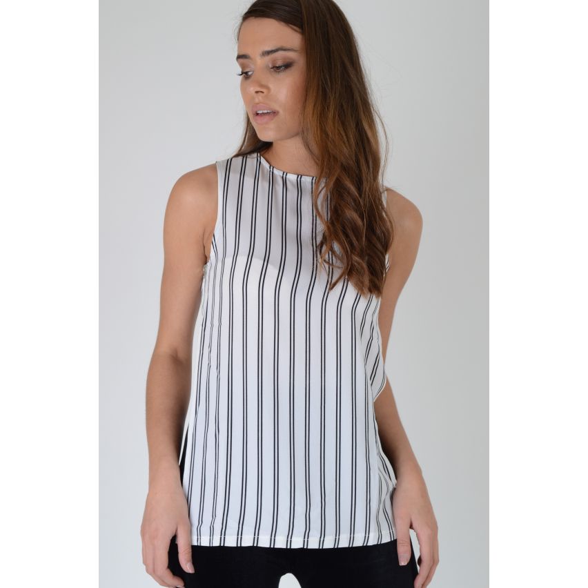Lola May White Top With Black Stripes, Open Sides & Zip Detailing
