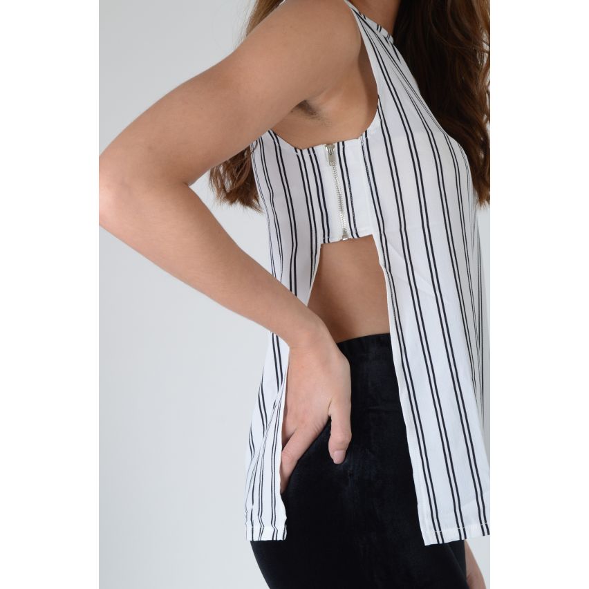 Lola kan witte Top met zwarte strepen, Open zijden & Zip detaillering