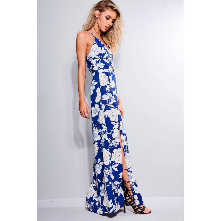 Parijse blauwe bloemen Maxi zomerjurk met uitgesneden Detail