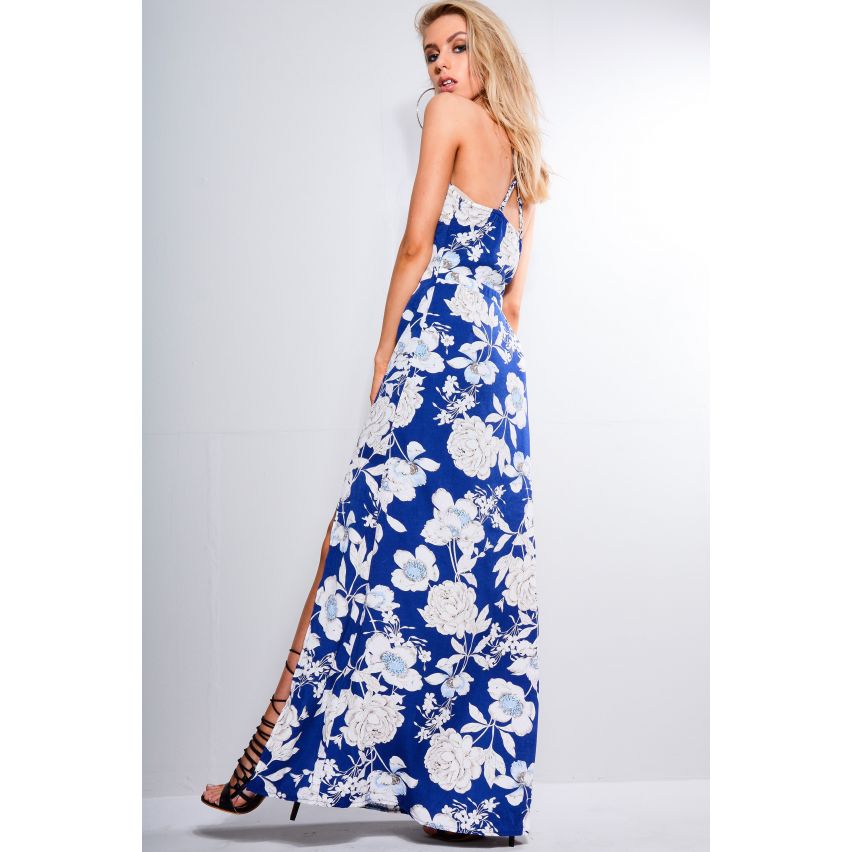 Parijse blauwe bloemen Maxi zomerjurk met uitgesneden Detail