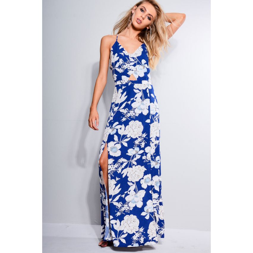 Parijse blauwe bloemen Maxi zomerjurk met uitgesneden Detail