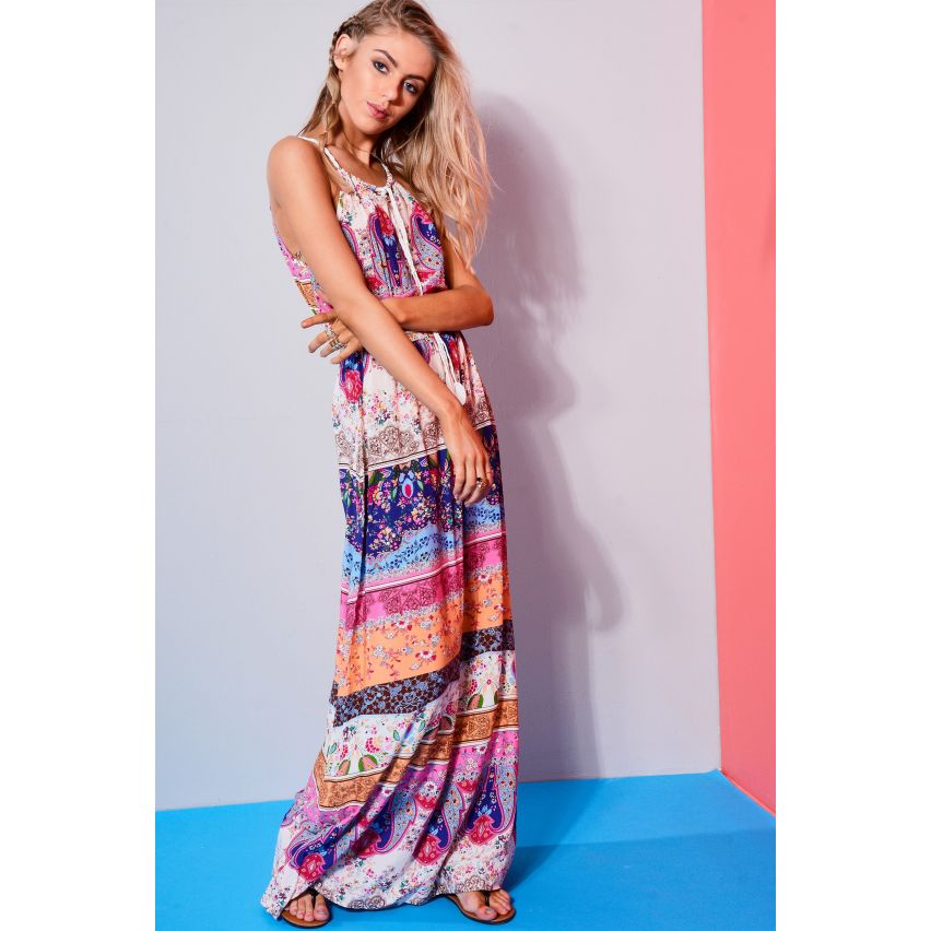 Parisian Printed Maxi Dress With Leaf Tie Detail