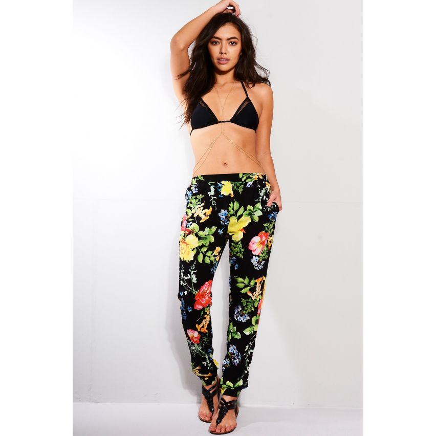 Pantalones playa Floral negra parisina con frunce cintura