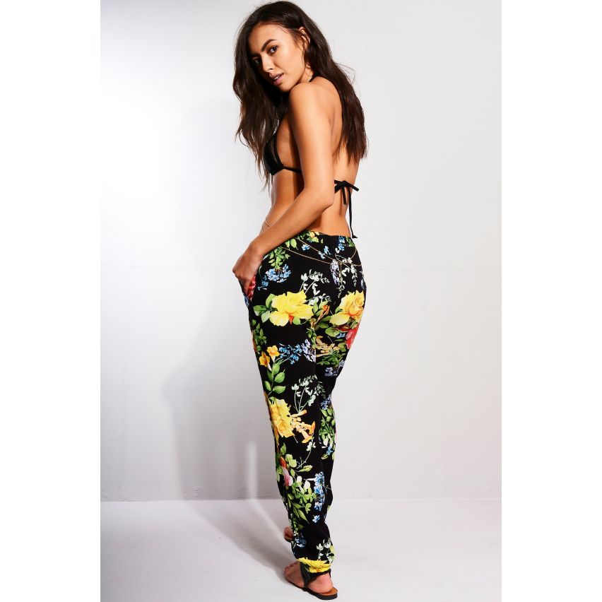Paris schwarz Floral Strandhosen mit gerafften Taille