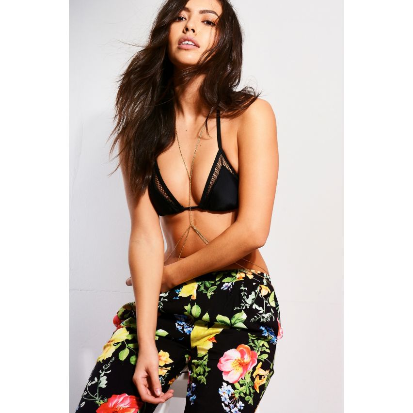 Paris schwarz Floral Strandhosen mit gerafften Taille