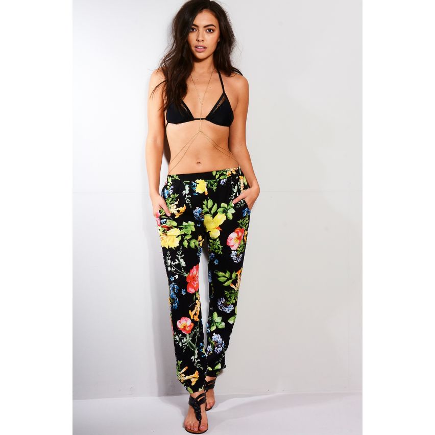 Paris schwarz Floral Strandhosen mit gerafften Taille
