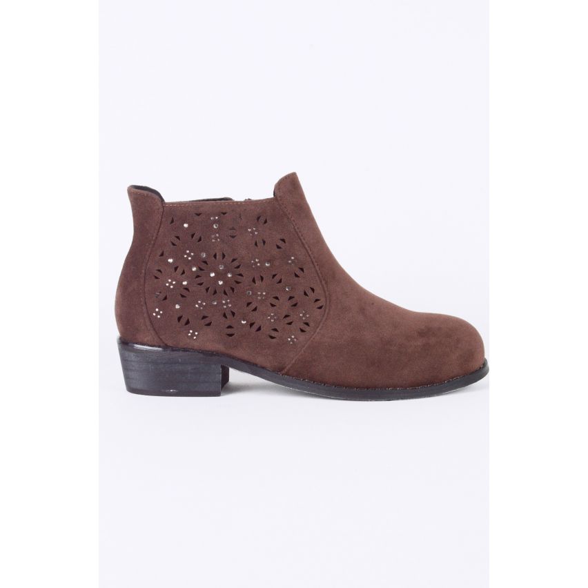 LMS Brown Suedette Flat Ankle Boot With Silver Studwork