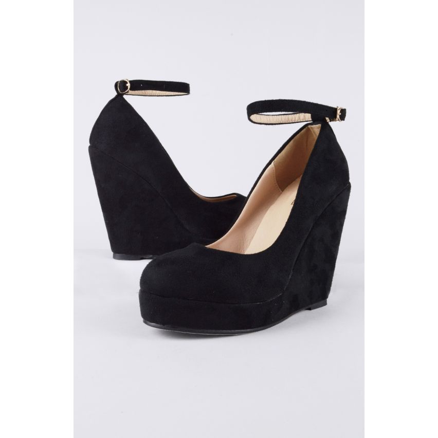 LMS Black Suede Round Toe Court Shoe With Wedge Heel