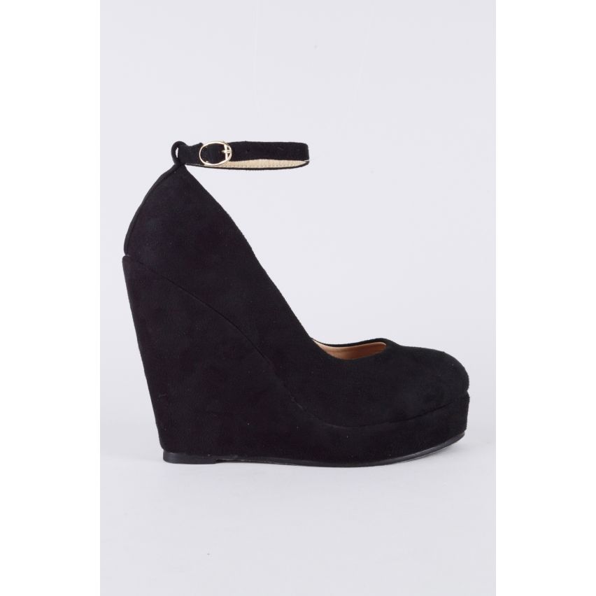 LMS Black Suede Round Toe Court Shoe With Wedge Heel