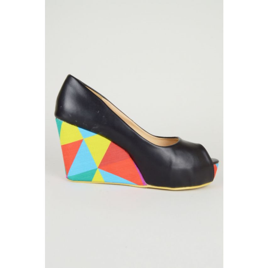 LMS Black Peep Toe Wedge With Colourful Geometric Print On Heel