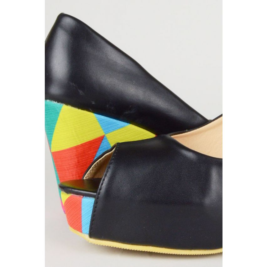 LMS schwarze Peep Toe Keil mit bunten geometrischen Print auf Ferse