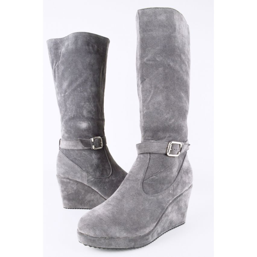 LMS Grey Suede Wedge Mid Calf Boot With Buckle