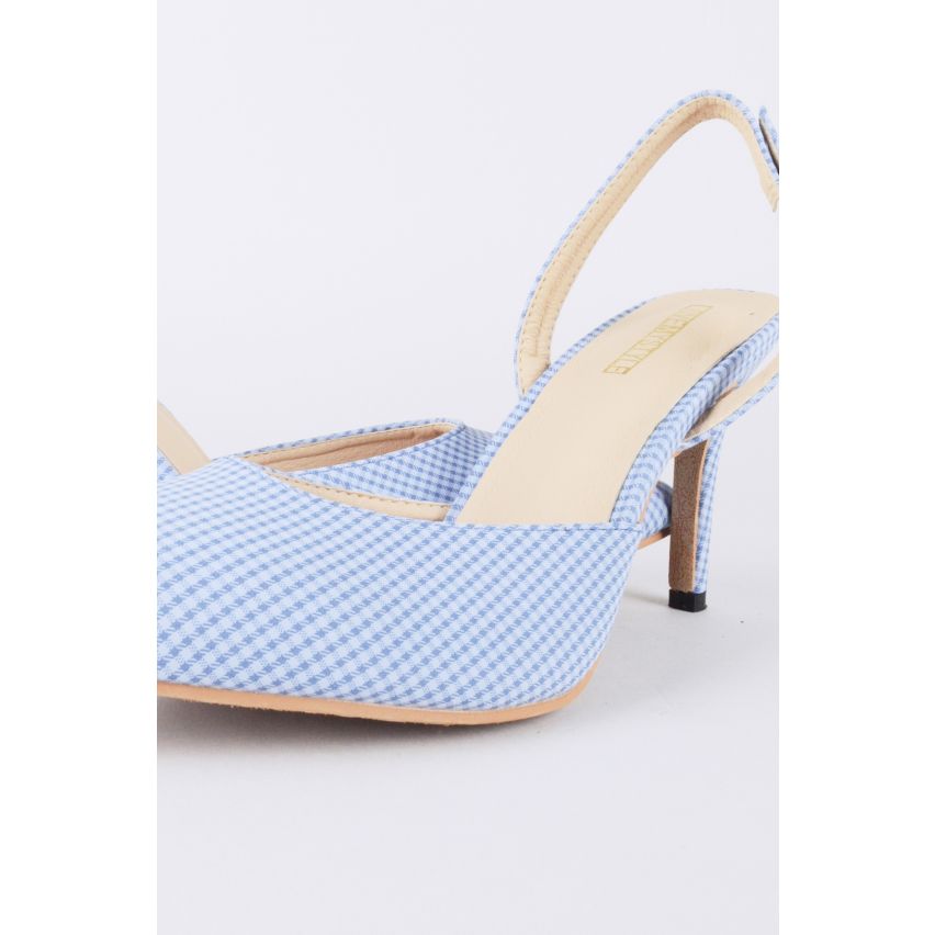 LMS Blue Pointed Toe Gingham Sling Back Court Shoe With Mid Heel