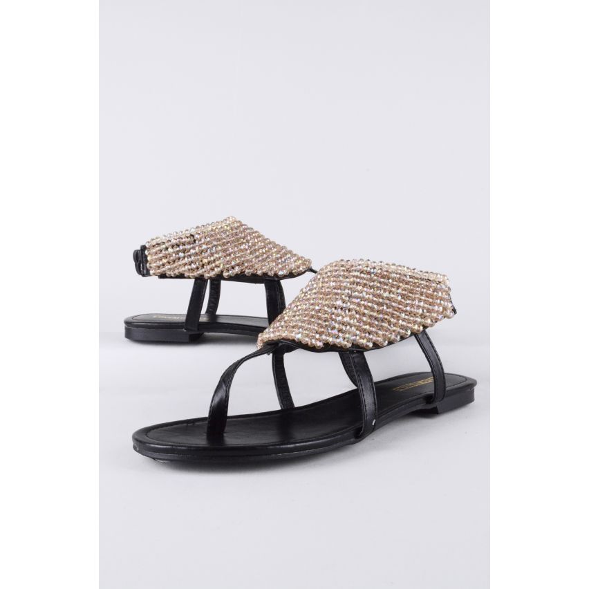 LMS schwarze flache Sandale mit Toe Post und Perlenstickerei