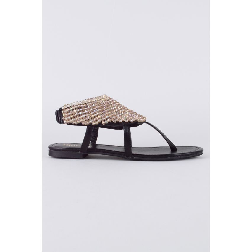 LMS Black Flat Sandal With Toe Post And Beadwork